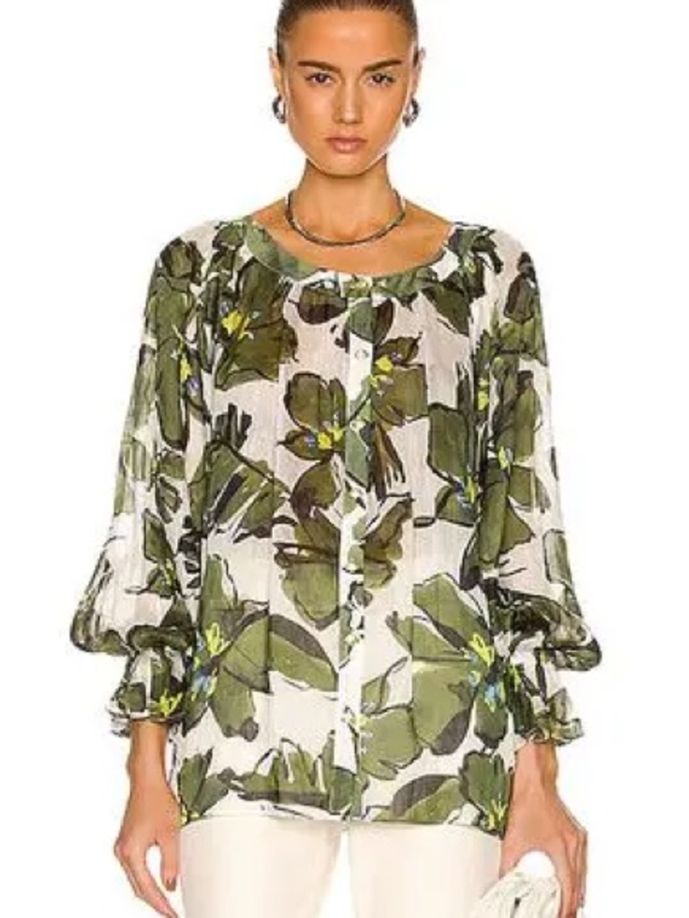 Aje. oasis floral Green Button-Front Blouse linen blend OS